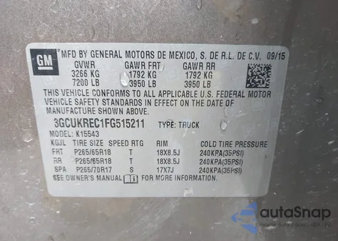 2015 Chevrolet Silverado 1500 2Lt из США, поврежденный, VIN 3GCUKREC1FG515211